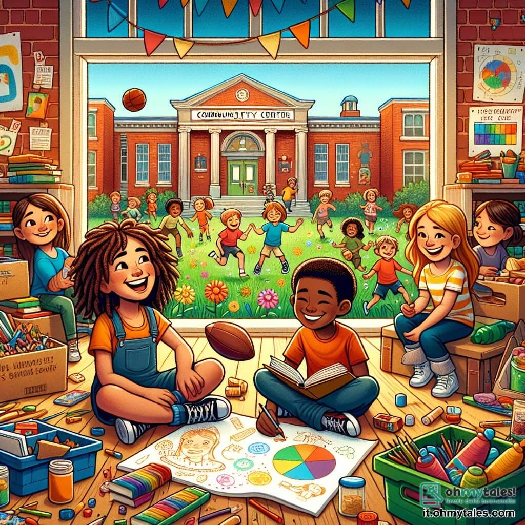 Illustrazione che rappresenta un centro comunitario accogliente, situato in una vecchia scuola con muri dipinti di colori vivaci. All'esterno, dei bambini giocano in un piccolo giardino fiorito, mentre all'interno, gli scaffali sono pieni di libri e giocattoli. In primo piano ci sono quattro bambini: un ragazzo di 11 anni con capelli castani disordinati, sorridente e con un pallone da calcio, una ragazza di 11 anni con lunghi capelli biondi, seduta su una pila di libri, che legge ad alta voce a un gruppo di bambini, un ragazzo di 11 anni con capelli castani e una leggera zoppia, che distribuisce snack, e una ragazza di 11 anni con ricci rossi, che disegna felicemente su un grande foglio con altri bambini intorno. La scena illustra un momento di condivisione e solidarietà, dove i bambini si uniscono per organizzare attività ludiche ed educative per i bambini del centro. Sorrisi radiosi e scoppi di risa riempiono l'aria, mentre scatole di cibo e vestiti sono visibili sullo sfondo, simboleggiando l'aiuto reciproco e la generosità della comunità.