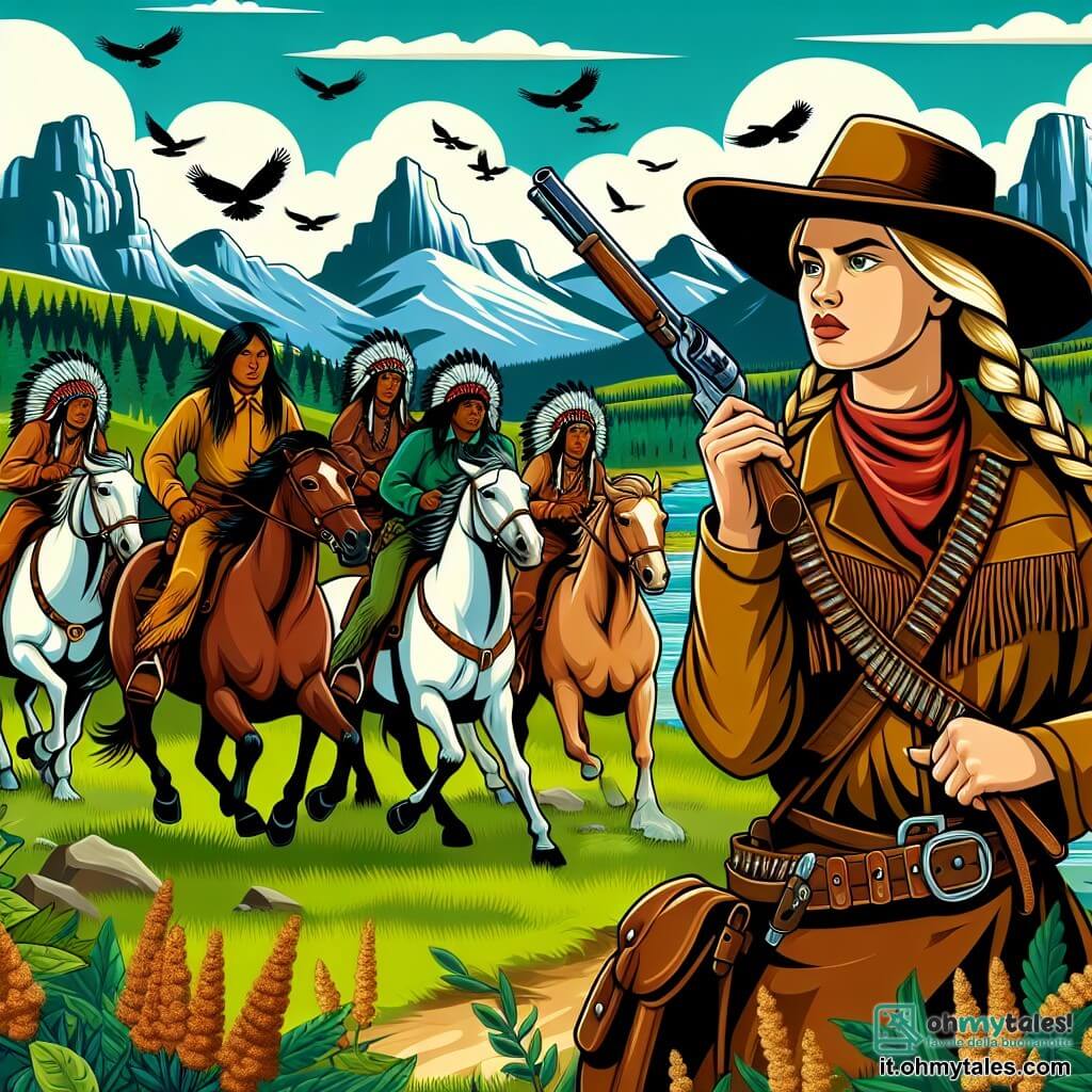 Une illustration destinée aux enfants représentant une courageuse cow-girl, défendant un groupe d'indiens et leurs chevaux contre des bandits cruels, dans un paysage sauvage du Far West, avec des prairies verdoyantes, des montagnes imposantes et un ciel azuré.