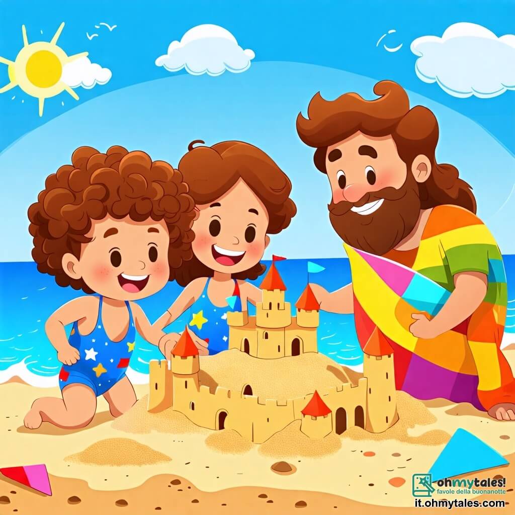 Une illustration sous forme de dessin destinée aux enfants représentant une plage ensoleillée avec du sable doré et des vagues douces, où un garçon de 2 ans aux cheveux bouclés et aux yeux pétillants, vêtu d'un costume de bain bleu avec des étoiles, construit un majestueux château de sable, tandis que sa maman, une femme souriante aux cheveux longs et bruns, l'encourage et son papa, un homme joyeux avec une barbe légère, tient une grande serviette colorée, le tout sous un ciel bleu parsemé de quelques nuages blancs, capturant l'esprit joyeux des vacances d'été.