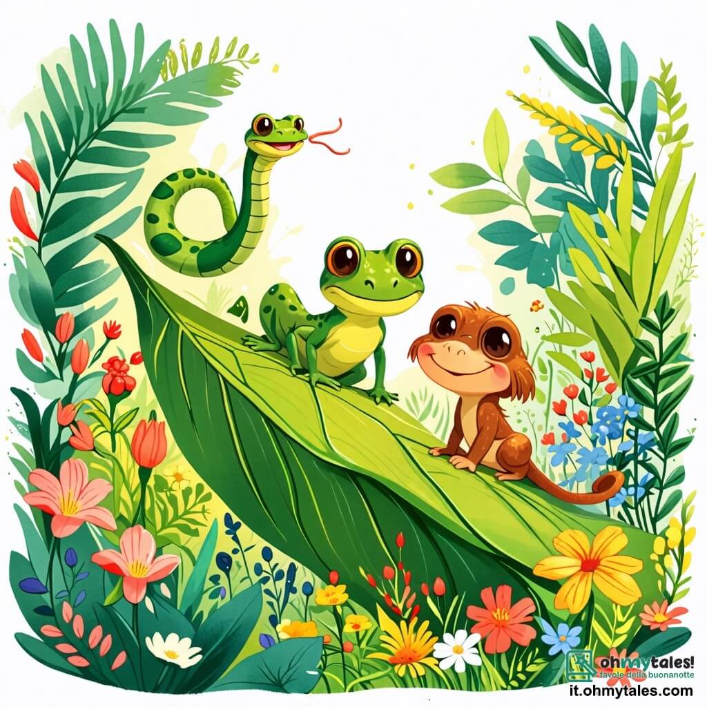 Une illustration sous forme de dessin destinée aux enfants représentant un jardin luxuriant rempli de fleurs colorées et d'arbres verdoyants, avec un serpent aux écailles vertes et jaunes qui glisse joyeusement sur une grande feuille, tandis qu'une petite grenouille verte aux yeux ronds et un ghiro aux poils bruns et doux se tiennent à ses côtés, tous trois riant et s'apprêtant à naviguer sur la feuille comme s'ils étaient des marins en pleine aventure.