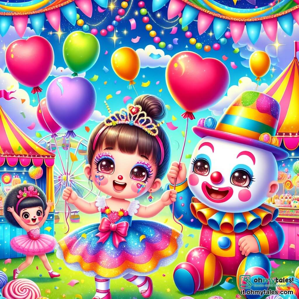 Illustrazione che rappresenta una scena colorata e gioiosa di un carnevale. Sullo sfondo, un parco pieno di palloni fluttuanti dai colori vivaci, festoni di carta crespa e chioschi di dolci, sotto un cielo blu splendente. Al centro, una bambina di 1 anno, con grandi occhi brillanti e guance rosa, indossa un vestito colorato decorato con paillettes e una maschera scintillante. Tiene un grande pallone rosso a forma di cuore, sorridendo con meraviglia. Accanto a lei, un clown felice di circa 30 anni, con il viso dipinto di bianco, un naso rosso e una parrucca multicolore, fa delle smorfie mentre tiene un mazzo di palloni. Sullo sfondo, una ballerina di circa 5 anni, in tutù rosa, danza graziosamente, circondata da coriandoli che cadono come stelle. La scena è piena di risate, colori vivaci e un'atmosfera festiva, catturando la magia e la gioia del carnevale.