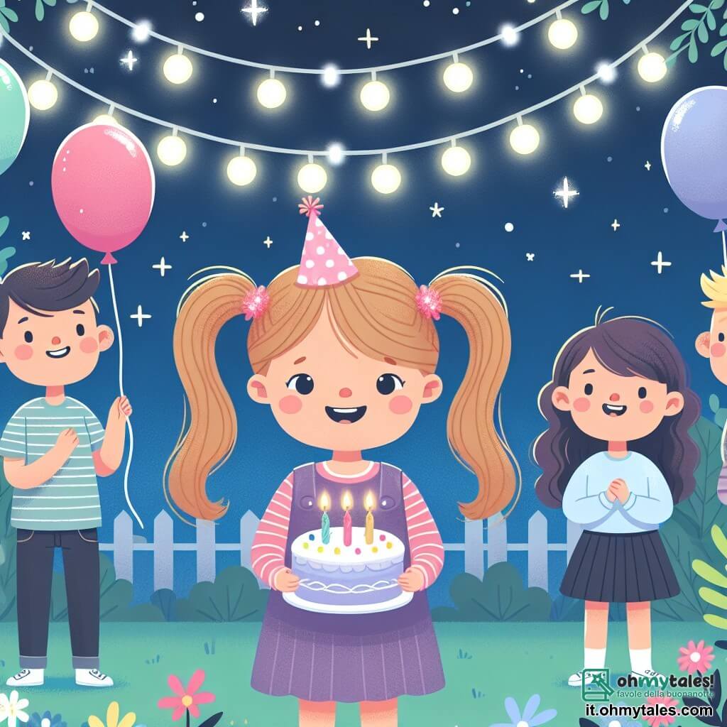 Une illustration destinée aux enfants représentant une fillette aux cheveux en deux codines, vivant un anniversaire magique avec ses amis et sa famille, dans un jardin décoré de festons lumineux et de ballons colorés.
