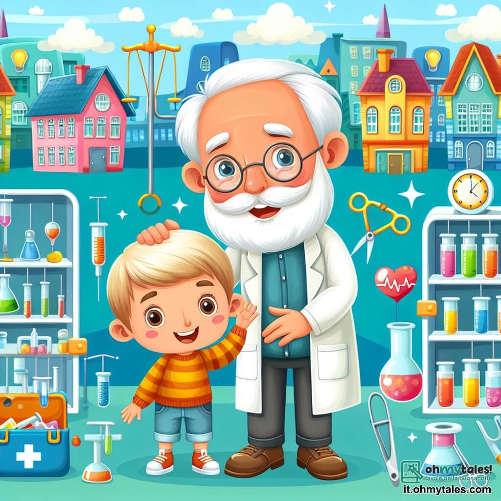 Une illustration destinée aux enfants représentant un homme gentil et bienveillant, accompagné d'un enfant curieux, dans un charmant village coloré où se trouve un studio médical rempli d'instruments brillants et un grand hôpital avec des chambres lumineuses et une salle d'opération.