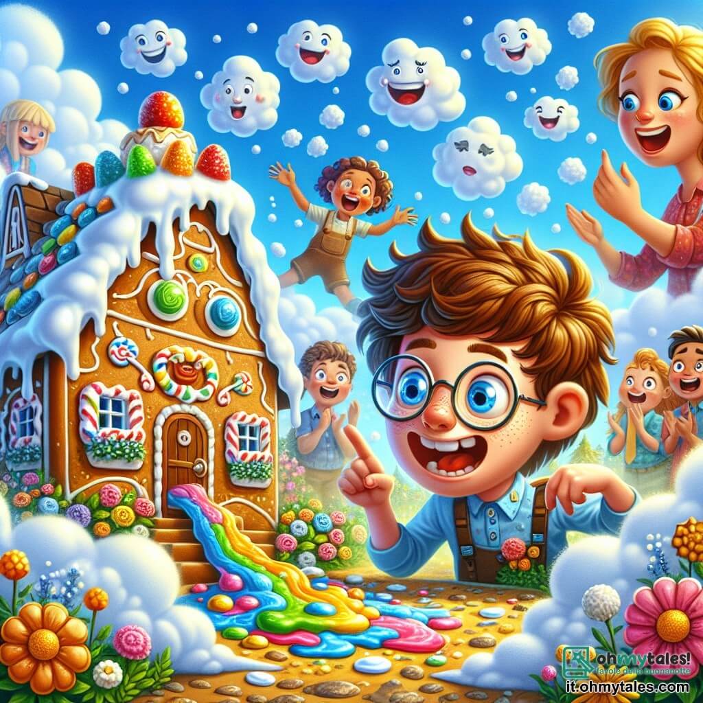 Illustrazione che rappresenta una scena colorata e gioiosa in un piccolo villaggio incantato, dove le case sono di pan di zenzero con tetti di caramelle e giardini fioriti di fiori multicolori. Al centro, un ragazzo di nove anni, con capelli arruffati e occhiali rotondi, ha un'espressione sia sorpresa che divertita, mentre tiene una piccola bacchetta magica. Accanto a lui, un ragazzo della sua età, con capelli castani e un sorriso radioso, ride indicando un gigantesco gelato che si scioglie felicemente, creando una pozzanghera di ghiaccio colorato sul pavimento. Sullo sfondo, amici, una ragazza dai lunghi capelli ricci e un ragazzo biondo, applaudono ridendo, circondati da nuvole a forma di volti sorridenti. Il cielo è di un blu brillante, punteggiato di nuvole soffici, aggiungendo un tocco di magia a questa scena umoristica e festosa.