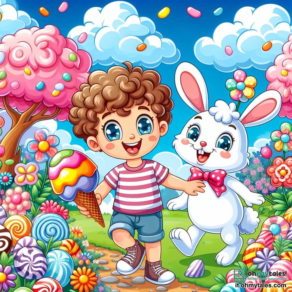 Une illustration sous forme de dessin destinée aux enfants représentant un jardin enchanté rempli de fleurs en bonbons et d'arbres en chocolat, où un garçon de 7 ans aux cheveux bouclés et aux yeux pétillants, vêtu d'un t-shirt rayé et de shorts, danse joyeusement en tenant un énorme gelato multicolore, tandis qu'un drôle de coniglio marzapane aux lunettes de soleil et aux oreilles en sucre l'invite à une fête sucrée, le tout sous un ciel bleu éclatant et parsemé de nuages en guimauve.