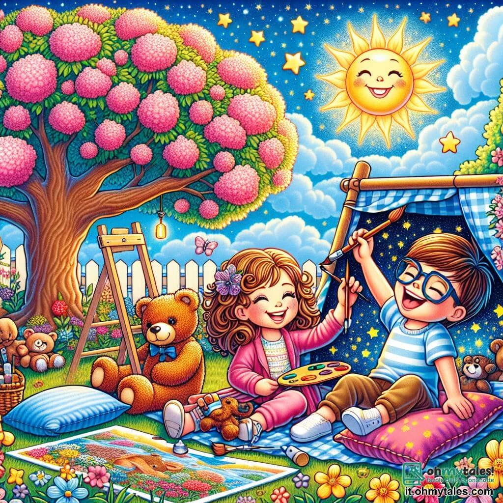 Une illustration sous forme de dessin destinée aux enfants représentant un jardin ensoleillé, rempli de fleurs colorées et d'un grand arbre de cerisier, où une fille de 7 ans aux cheveux bouclés et aux yeux pétillants, assise sur l'herbe, peint un ciel étoilé sur une toile avec son fidèle ours en peluche à ses côtés, tandis que son meilleur ami, un garçon aux cheveux bruns et aux lunettes, rit en tenant des coussins pour construire une forteresse, symbolisant leur amitié et leur imagination face aux défis de la maladie.