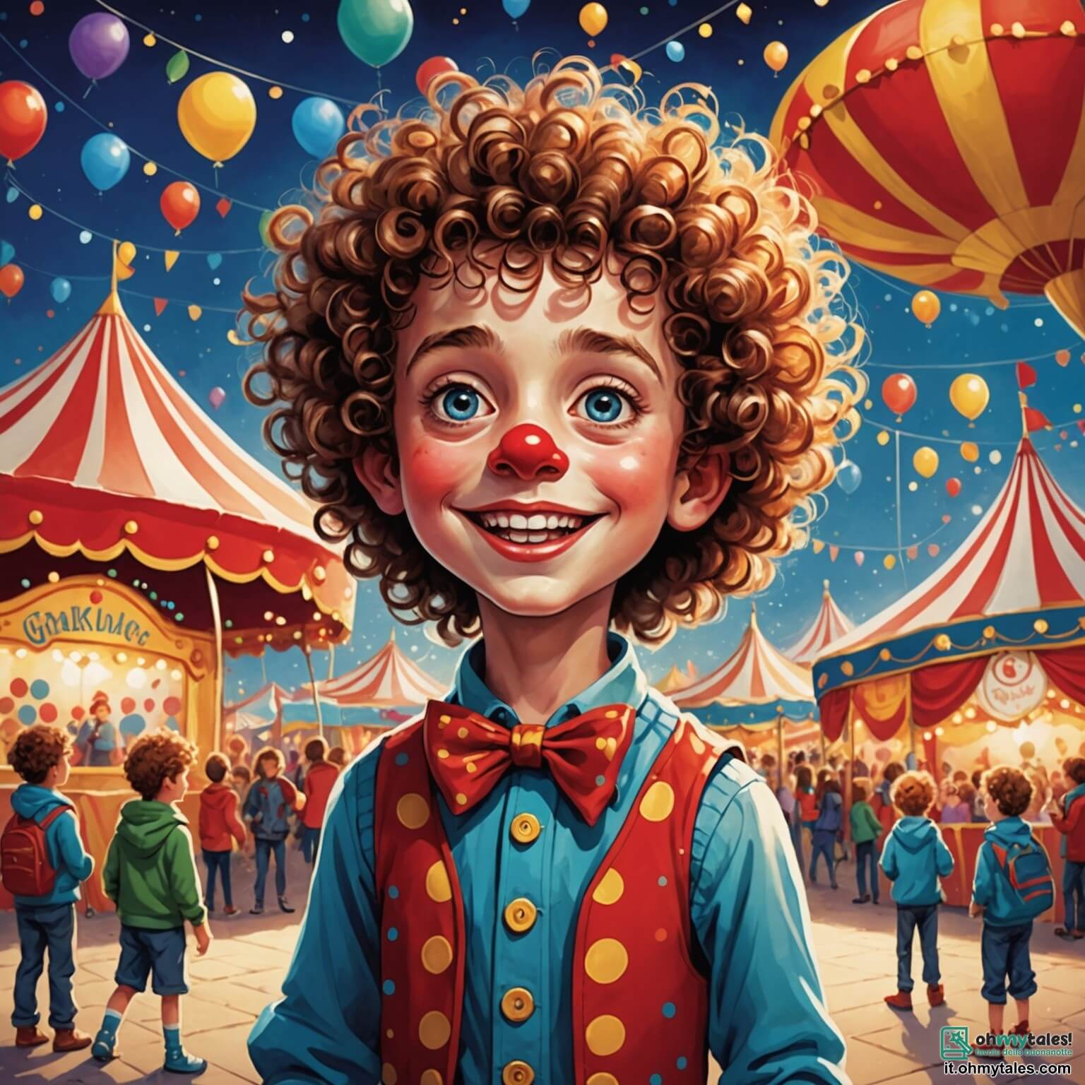 Une illustration destinée aux enfants représentant un garçon aux yeux pétillants et aux cheveux bouclés, émerveillé devant le grand cirque aux tentes colorées ondulant sous le vent, où il rêve de devenir un talentueux jongleur avec l'aide d'un clown joyeux au nez rouge, tandis que des lumières scintillantes et des fanfares de musique remplissent l'air d'une atmosphère festive et magique.