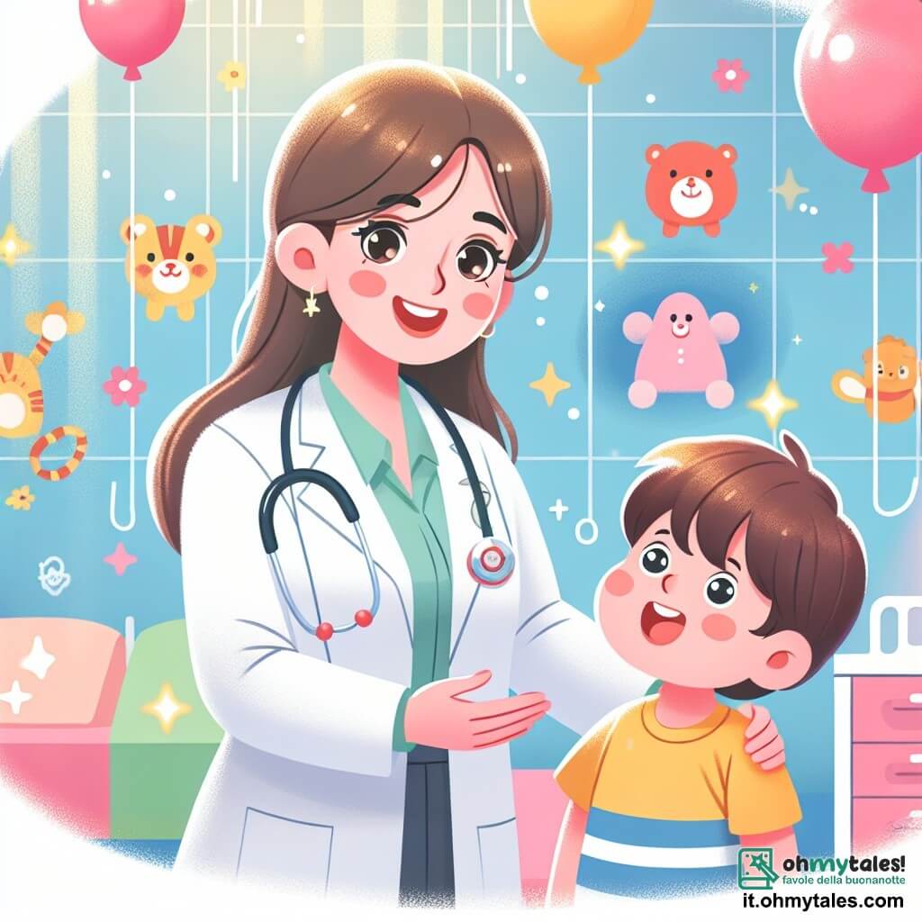 Une illustration destinée aux enfants représentant une jeune femme médecin au sourire chaleureux, portant un camice blanc et un stetoscopie autour du cou, qui se trouve dans un hôpital lumineux et coloré, rempli de murs peints de dessins d'animaux joyeux et de ballons flottants, où elle aide un petit garçon aux yeux pétillants et au cœur vaillant, tout en racontant des histoires pour apaiser les enfants malades.