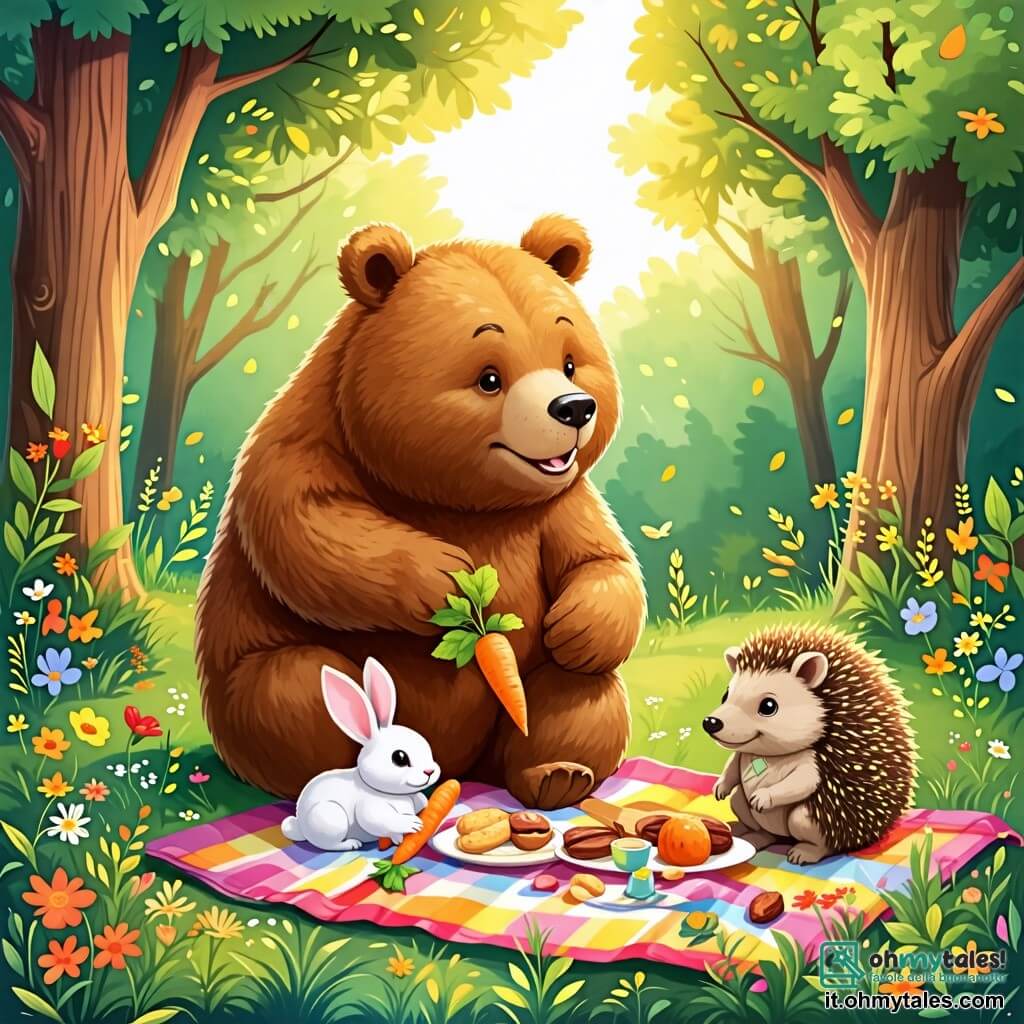 Une illustration sous forme de dessin destinée aux enfants représentant une forêt verdoyante et ensoleillée, avec une grande ourse brune au pelage doux et brillant, souriante et en train de préparer un pique-nique sur une nappe colorée, entourée d'un petit lapin aux grandes oreilles blanches qui croque une carotte croquante, et d'un hérisson aux piquants dorés qui observe curieusement des noix, le tout dans une ambiance joyeuse et amicale, avec des fleurs colorées et des arbres majestueux en arrière-plan.