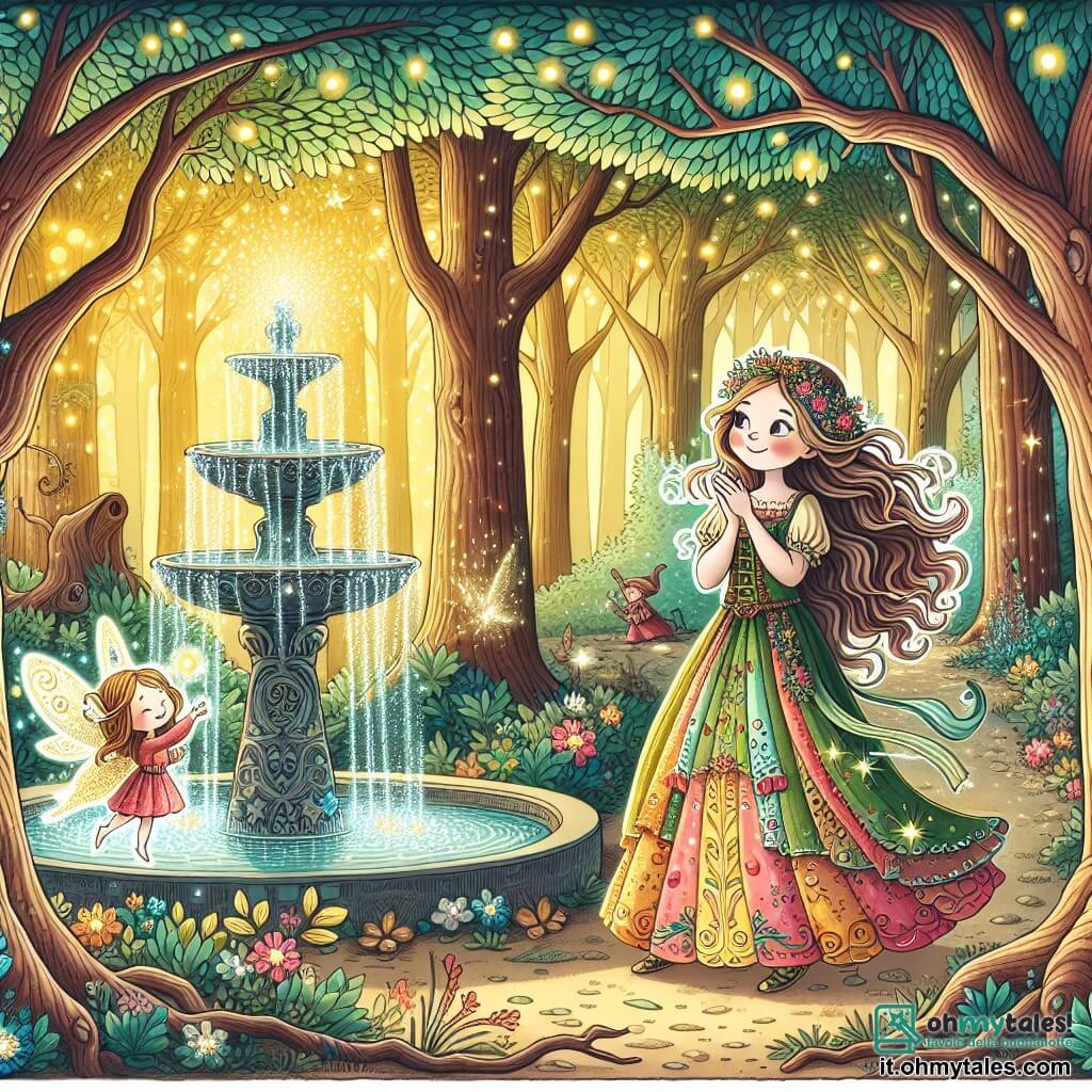 Une illustration sous forme de dessin destinée aux enfants représentant une forêt enchantée, avec de grands arbres aux feuilles scintillantes et une lumière dorée filtrant à travers les branches, où une jeune femme aux cheveux longs et ondulés, vêtue d'une robe colorée, se tient émerveillée devant une fontaine magique qui brille de mille couleurs, tandis qu'un petit follet aux ailes luminescentes, joyeux et espiègle, vole autour d'elle en riant, alors qu'ils se préparent à partir à l'aventure pour récupérer des objets magiques volés par un drago malvagio.