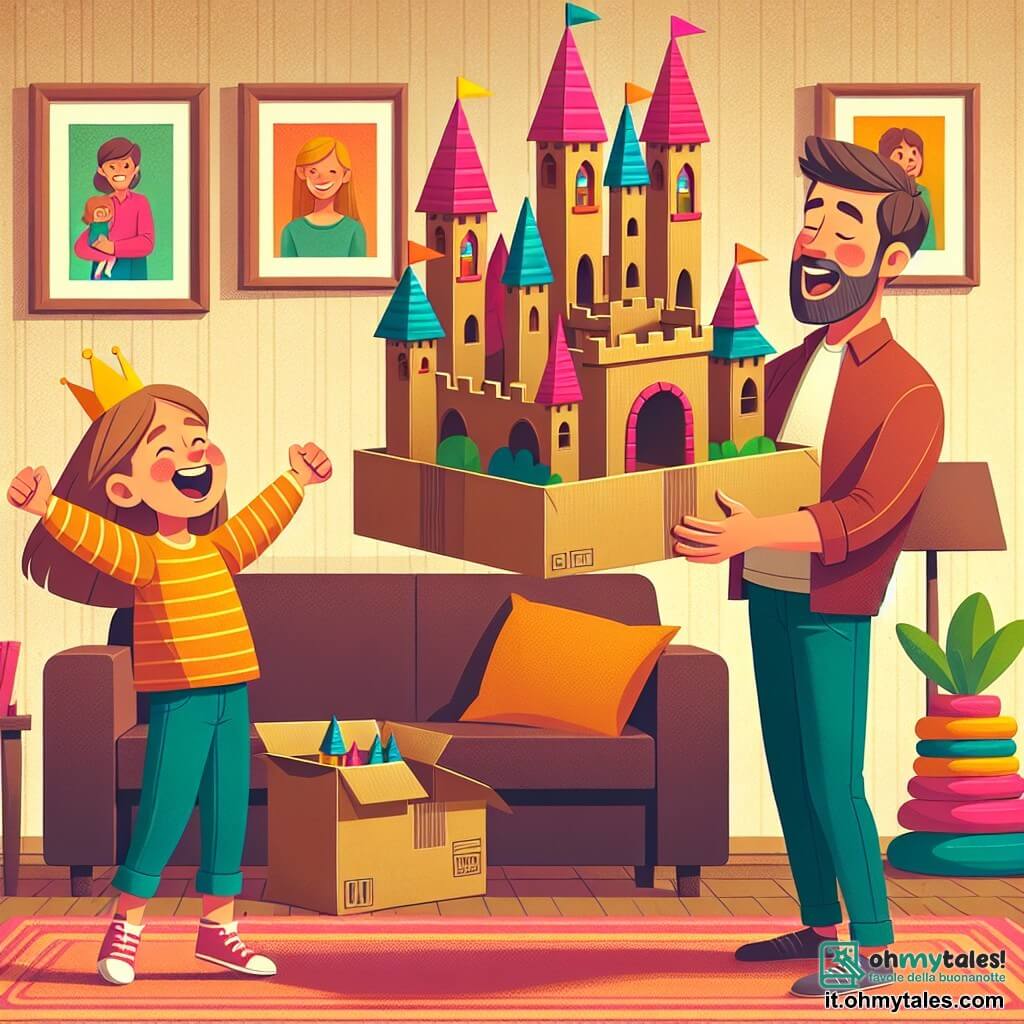 Une illustration destinée aux enfants représentant une petite fille pleine d'énergie et d'imagination, qui offre à son père ému un magnifique château de carton aux tours colorées et aux ponts levatoires, dans un salon chaleureux décoré de photos de famille accrochées aux murs.