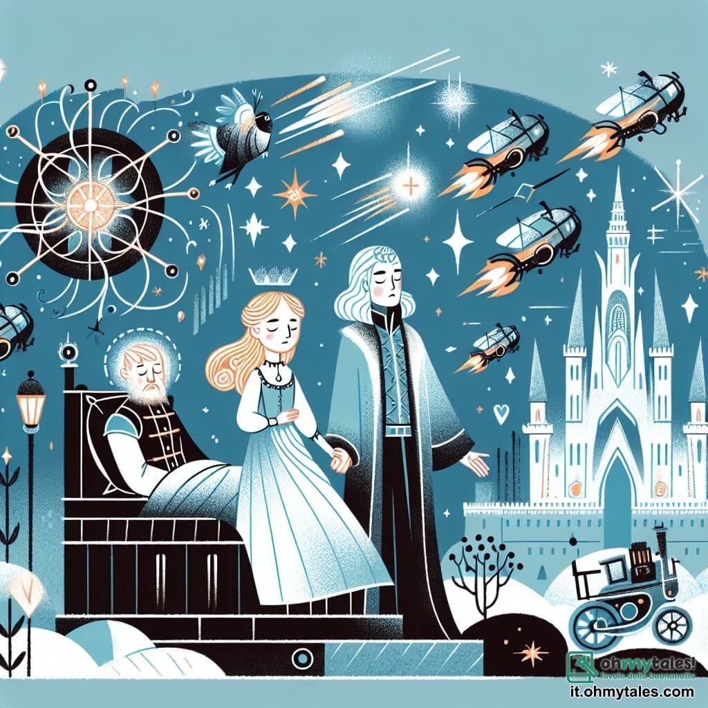 Une illustration destinée aux enfants représentant une jeune fille endormie depuis des années, un inventeur génial et courageux, dans un royaume futuriste où les machines volantes illuminent le ciel de leurs lumières scintillantes.