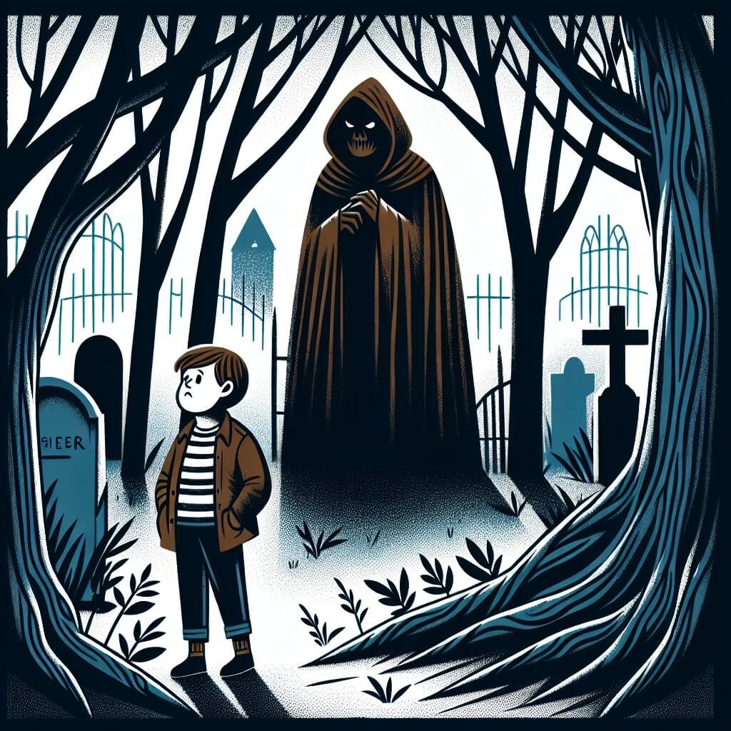Une illustration destinée aux enfants représentant un jeune garçon, seul dans une forêt sombre et mystérieuse, où un étrange personnage encapuchonné l'observe depuis les ombres épaisses d'un vieux cimetière abandonné.