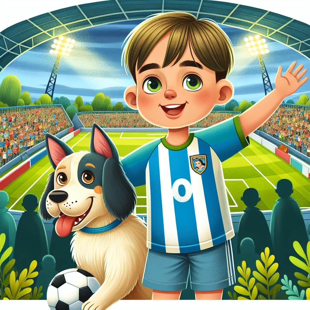 Une illustration destinée aux enfants représentant un jeune homme passionné de football, qui rêve de devenir un joueur professionnel, accompagné de son fidèle ami, un chien espiègle, jouant dans un magnifique stade verdoyant avec des tribunes remplies de spectateurs enthousiastes.