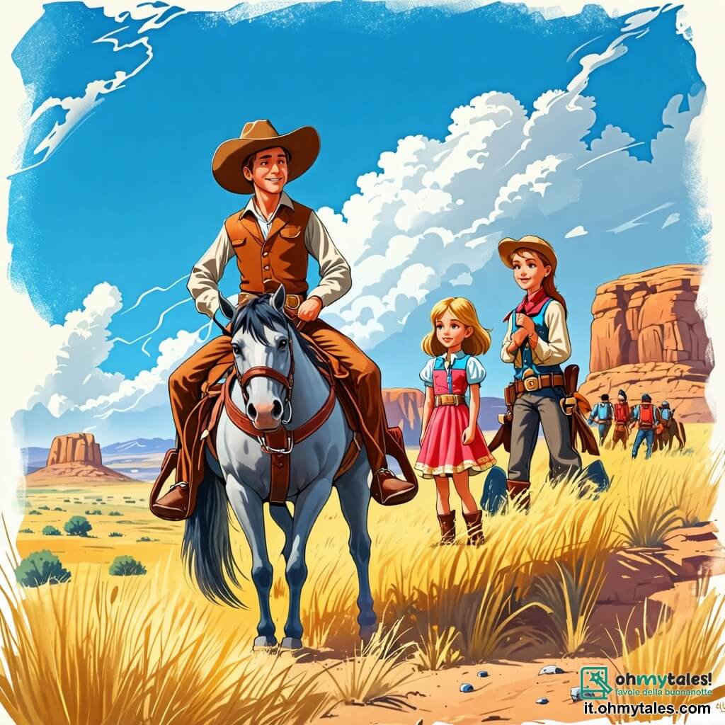 Une illustration sous forme de dessin destinée aux enfants représentant un vaste paysage du Far West, avec des collines dorées et un ciel bleu éclatant, où un jeune cowboy aux cheveux blonds et au regard déterminé, vêtu d'un chapeau de feutre, d'un gilet en cuir et de bottes, se tient fièrement sur son cheval gris nommé Tempête, tandis qu'à ses côtés, une jeune fille aux cheveux bruns et aux yeux pétillants, portant une robe colorée, observe avec curiosité, alors qu'ils se préparent à affronter un groupe de bandits cachés derrière des rochers, illustrant ainsi le courage et l'esprit d'aventure de l'histoire.