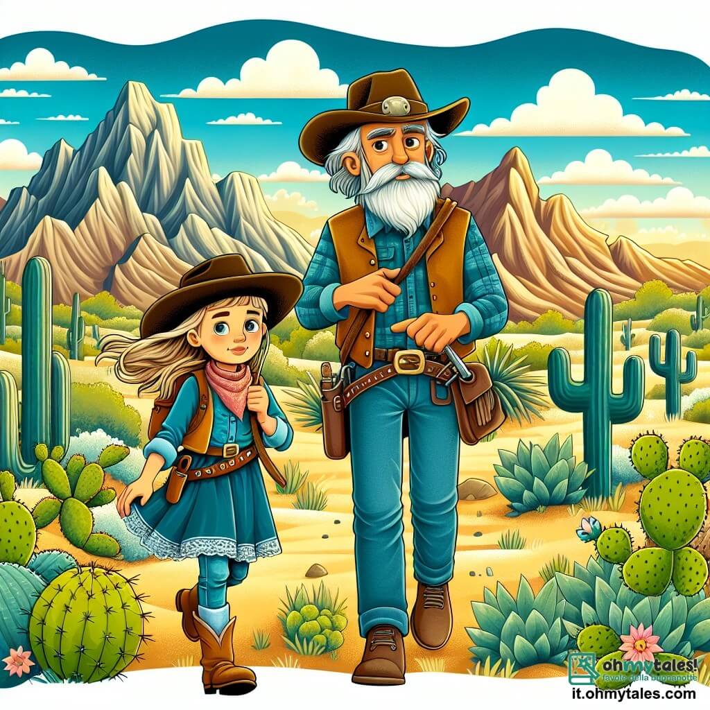 Une illustration destinée aux enfants représentant une jeune cowgirl courageuse, accompagnée de son père, un vieux cowboy sage, partant à la recherche de l'or dans les vastes plaines de l'Ouest américain, parmi les cactus et les montagnes majestueuses sous un ciel bleu azur.