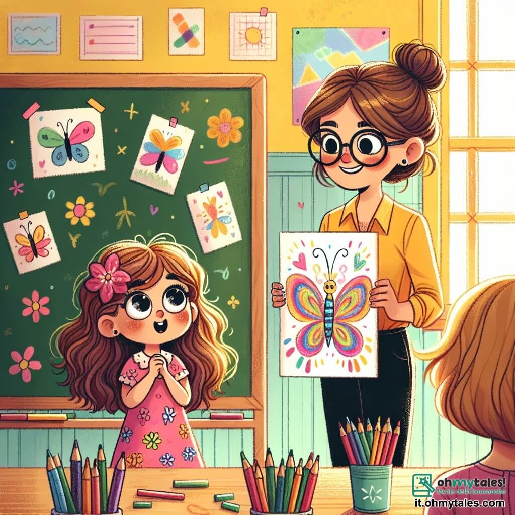 Illustrazione che rappresenta un'aula luminosa e colorata, con pareti dipinte di giallo e finestre che lasciano entrare la luce del sole. Al centro, una bambina di 3 anni, con lunghi capelli castani e occhi scintillanti, è in piedi davanti a una grande lavagna. Indossa un vestito rosa con motivi floreali e tiene un disegno di farfalle colorate tra le sue piccole mani. Accanto a lei, un'insegnante di circa 30 anni, con capelli castani raccolti in uno chignon e occhiali, sorride calorosamente, incoraggiando la bambina. La scena principale mostra la bambina, un po' nervosa ma piena di speranza, pronta a presentare il suo disegno al concorso. Matite colorate sparse sulla scrivania e altri disegni appesi alle pareti aggiungono un tocco di creatività all'ambiente. L'atmosfera è gioiosa e incoraggiante, simboleggiando la fiducia in sé e l'espressione artistica.
