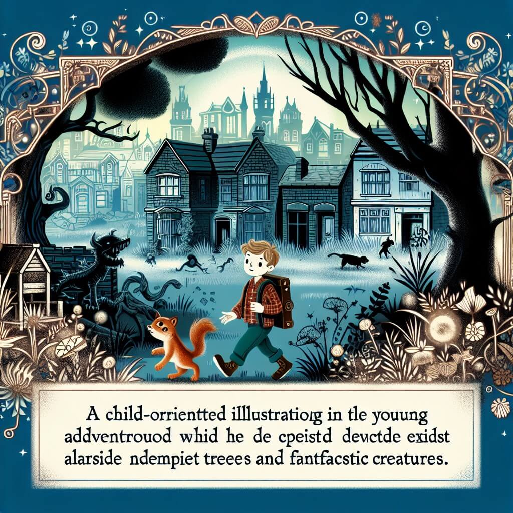Une illustration destinée aux enfants représentant un jeune garçon aventurier, plongé dans une quête magique au cœur d'un quartier abandonné où les bâtiments décrépits côtoient des arbres enchantés et des créatures fantastiques.
