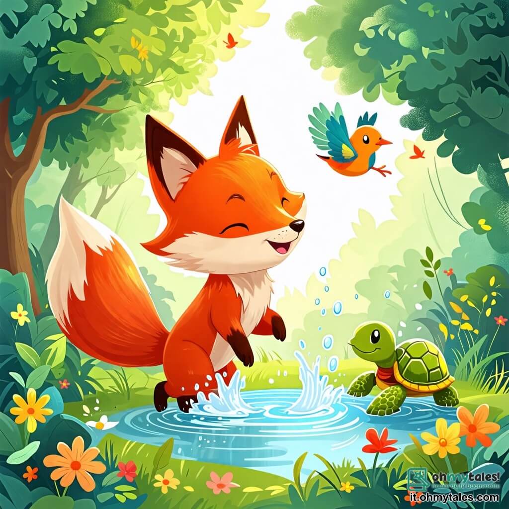 Une illustration sous forme de dessin destinée aux enfants représentant une forêt verdoyante et ensoleillée, avec un renard aux pelage roux éclatant et aux yeux malicieux, qui saute joyeusement près d'un laghetto scintillant, tandis qu'une douce tortue à la carapace verte et un petit oiseau aux plumes colorées volent au-dessus d'eux, tous riant ensemble après un éclat d'eau, illustrant la magie de l'amitié entre les animaux.