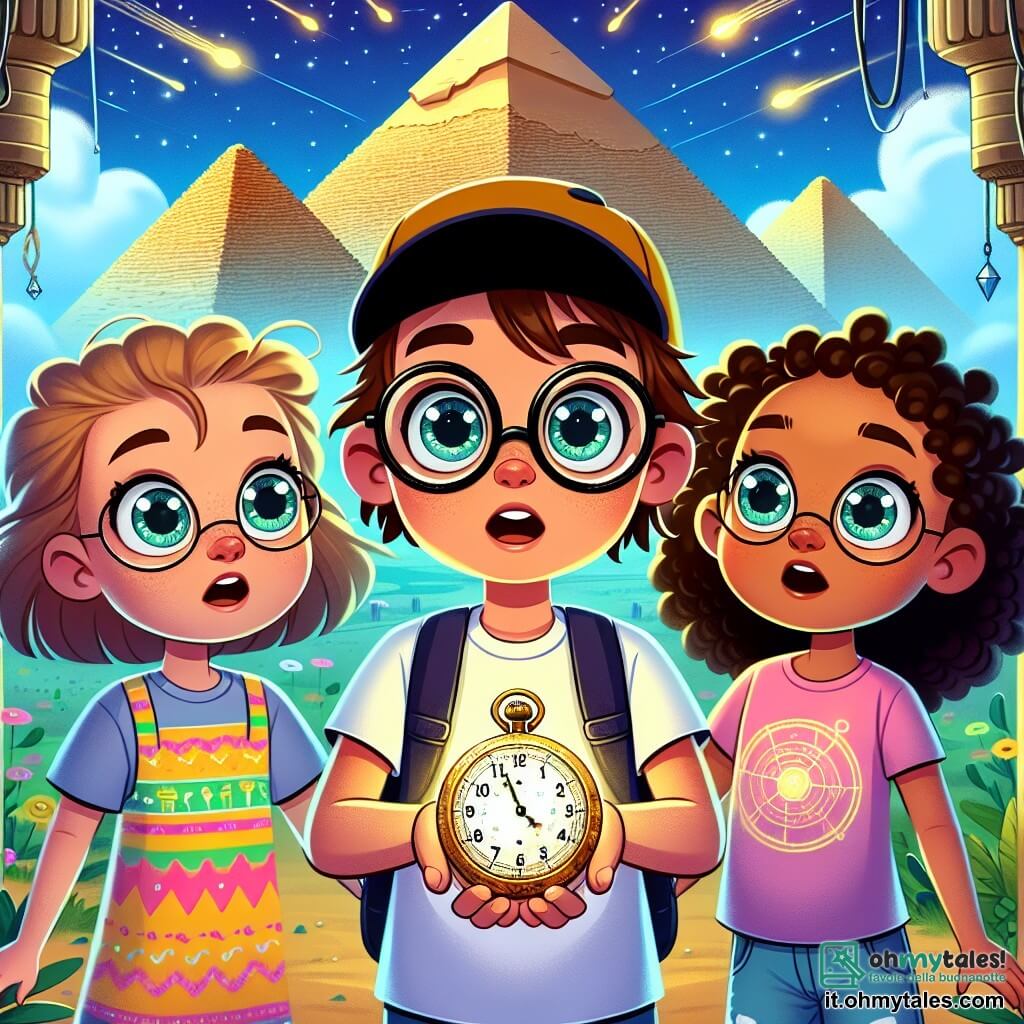 Une illustration sous forme de dessin destinée aux enfants représentant un groupe de trois enfants de 9 ans, deux filles aux cheveux bouclés et aux yeux pétillants, l'une portant une robe colorée et l'autre un t-shirt avec un motif de science, et un garçon aux lunettes rondes et à la casquette, tous les trois émerveillés devant les majestueuses pyramides d'Égypte sous un ciel bleu éclatant, tandis qu'ils tiennent un ancien orologio da tasca qui brille mystérieusement, illustrant leur aventure de voyage dans le temps pour protéger l'histoire d'un vol de trésor.