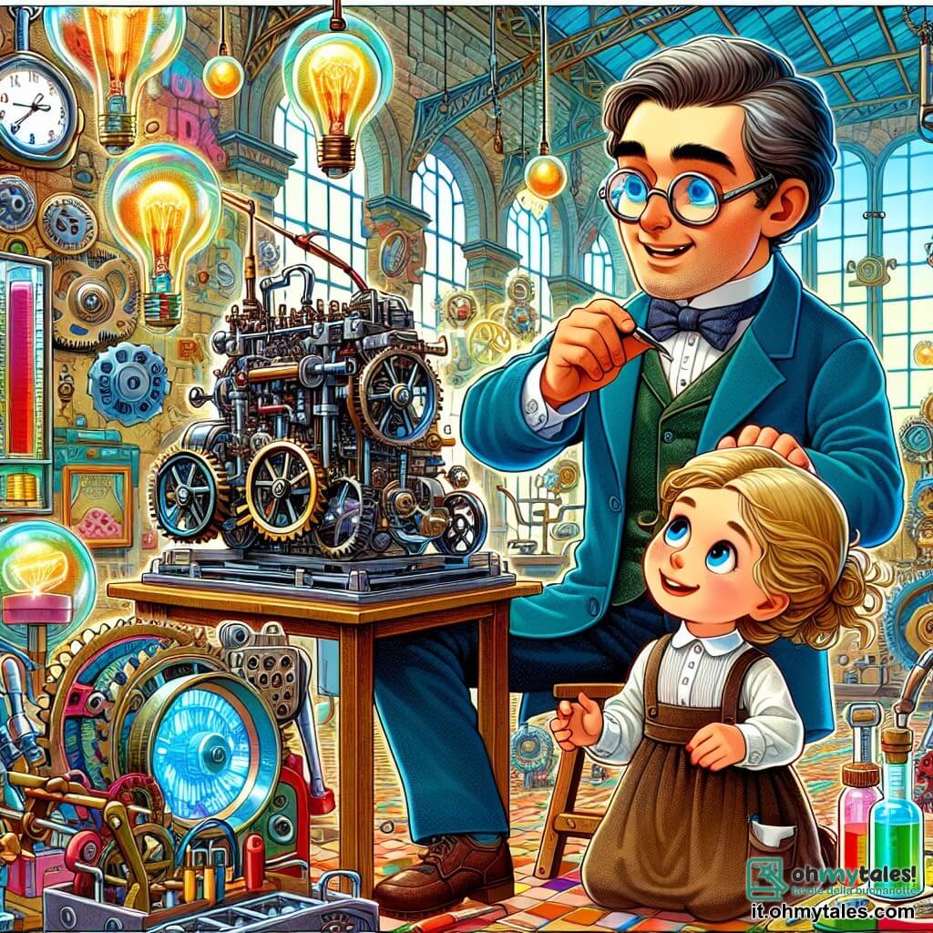 Une illustration destinée aux enfants représentant un inventeur génial (homme) travaillant sur une machine incroyable, avec une jeune apprentie curieuse (fille) à ses côtés, dans un laboratoire coloré rempli d'outils et de machines étranges, situé dans la ville animée d'Inventia.