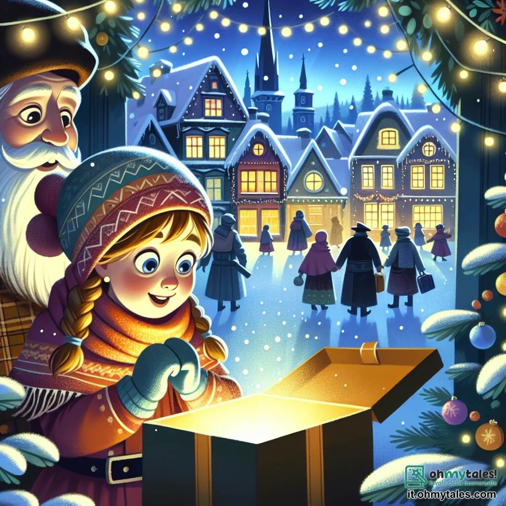 Une illustration destinée aux enfants représentant une fillette émerveillée par la découverte d'un mystérieux cadeau de Noël, accompagnée de son père, dans un village enneigé illuminé par des lumières scintillantes et des décorations festives.