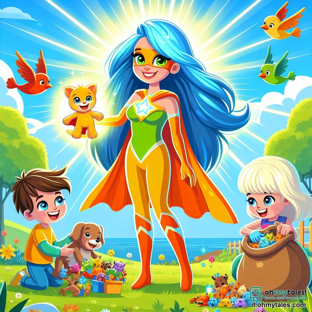 Une illustration sous forme de dessin destinée aux enfants représentant un jardin coloré du Centre de Formation des Super-héros, où une femme aux longs cheveux bleus brillants et aux yeux verts éclatants, vêtue d'un costume lumineux jaune et orange, utilise ses pouvoirs pour illuminer la scène, tandis qu'un garçon aux cheveux bruns, capable de télékinésie, soulève un lourd sac de jouets, et une fille aux cheveux blonds, qui parle avec un petit chien, tous unis pour empêcher des voleurs de s'emparer des jouets d'un hôpital pour enfants, avec des oiseaux colorés volant autour d'eux pour ajouter une touche de magie à l'atmosphère joyeuse et héroïque.