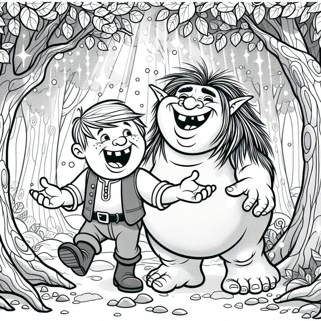 Une illustration destinée aux enfants représentant un troll joyeux et gourmand, accompagné d'un jeune garçon, vivant une aventure pleine de douceurs dans un bosquet enchanté, où les arbres aux feuilles chatoyantes se penchent pour écouter les rires et les cris de joie.