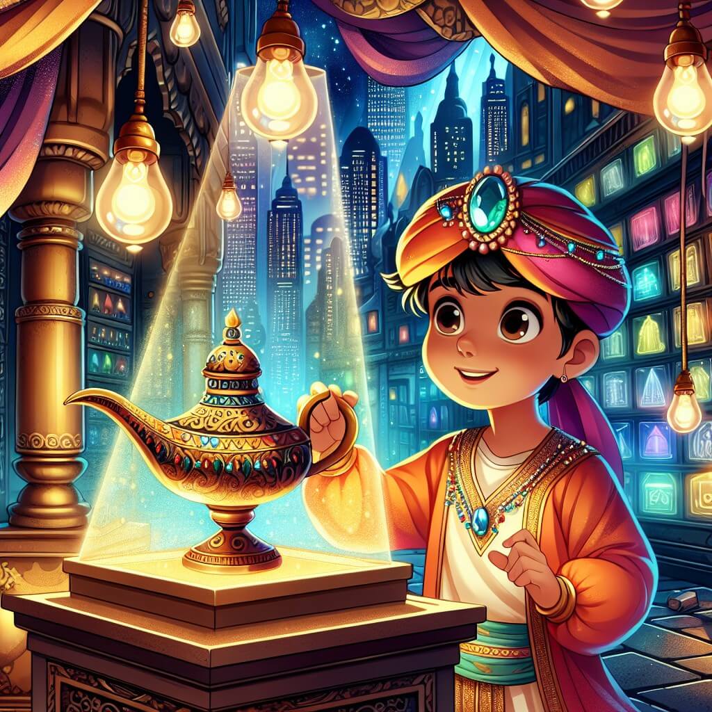 Une illustration destinée aux enfants représentant un jeune rêveur, vêtu d'une tunique chatoyante et coiffé d'un turban orné de joyaux, découvrant une vieille lampe magique dans une mystérieuse et poussiéreuse officine abandonnée, située au cœur d'une ville futuriste resplendissante de néons et de gratte-ciel.