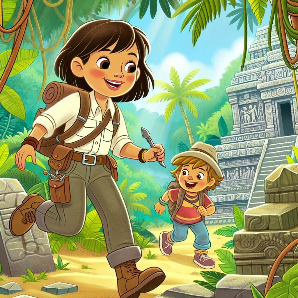 Une illustration destinée aux enfants représentant une jeune femme archéologue, intrépide et curieuse, explorant un temple ancien dans une luxuriante jungle tropicale, accompagnée d'un enfant enthousiaste à la recherche d'un trésor caché.