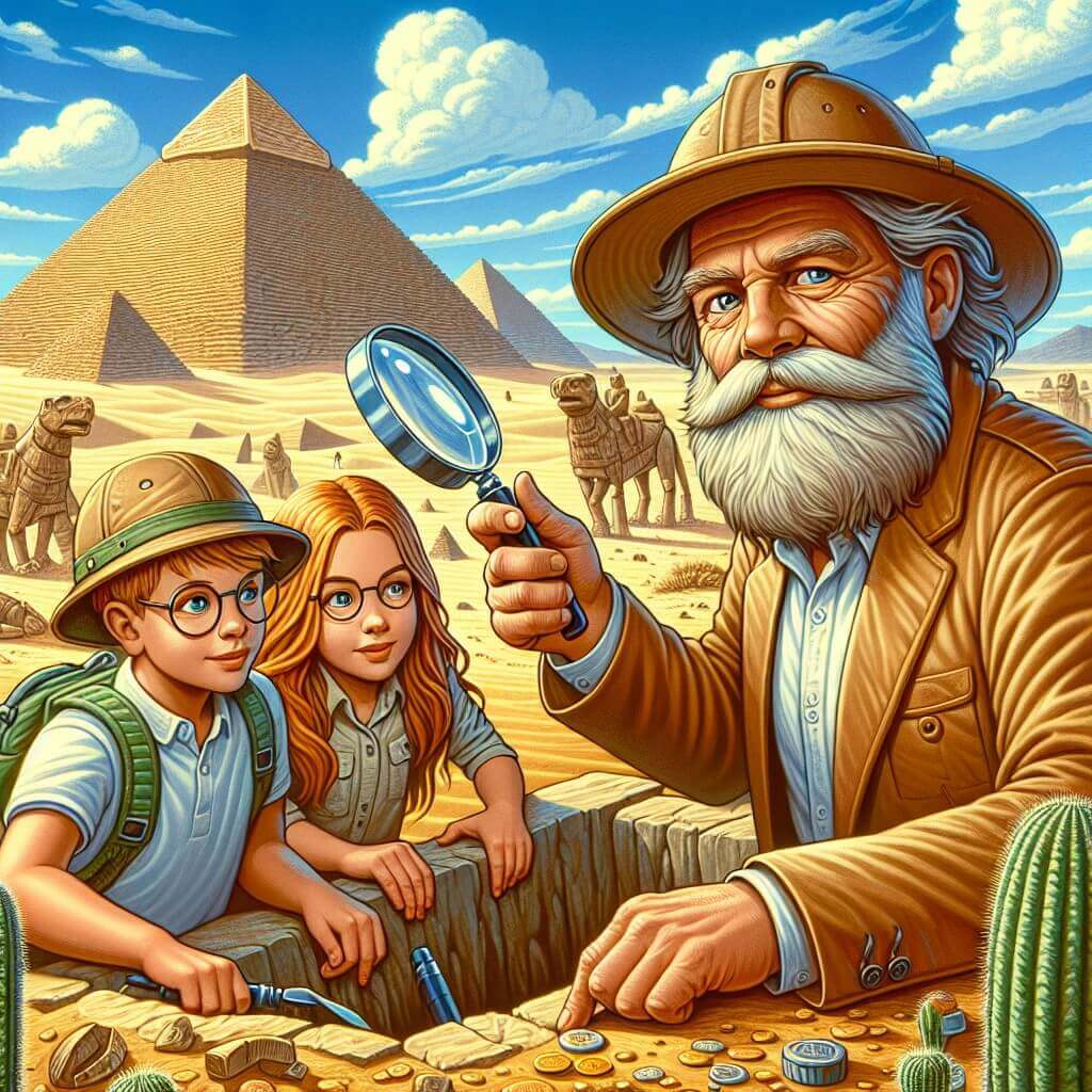 Une illustration destinée aux enfants représentant un homme barbu, vêtu d'un chapeau de safari et muni d'une loupe, découvrant un trésor enfoui dans un paysage désertique parsemé de pyramides anciennes, avec un jeune garçon et une jeune fille à ses côtés, émerveillés par la découverte.