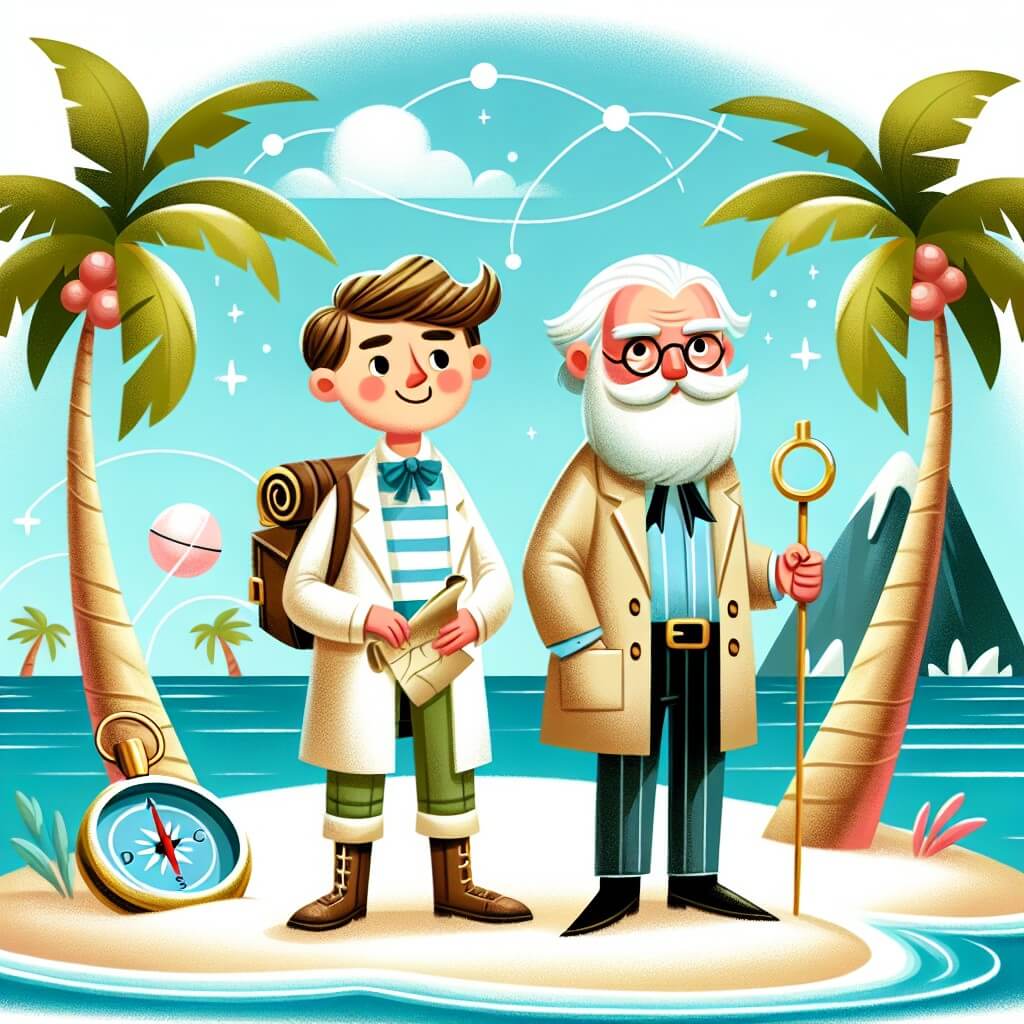 Une illustration destinée aux enfants représentant un explorateur courageux, se tenant sur une plage de sable blanc bordée de palmiers, avec une boussole à la main, accompagné d'un professeur barbu et vêtu d'une blouse, prêts à partir à la découverte d'une île mystérieuse et luxuriante.