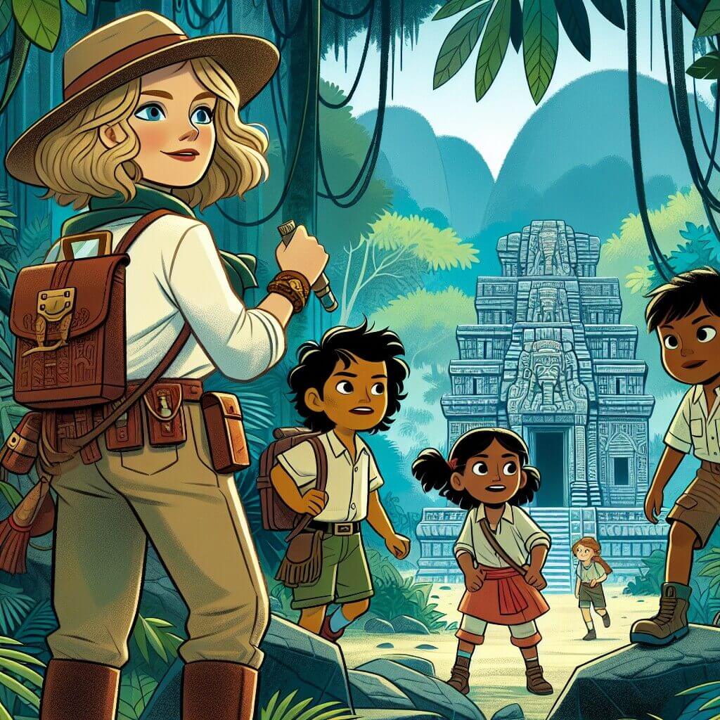 Une illustration destinée aux enfants représentant une jeune archéologue passionnée, accompagnée de trois enfants curieux, explorant un ancien temple mystérieux situé au milieu d'une dense jungle luxuriante, à la recherche d'un trésor oublié depuis des siècles.