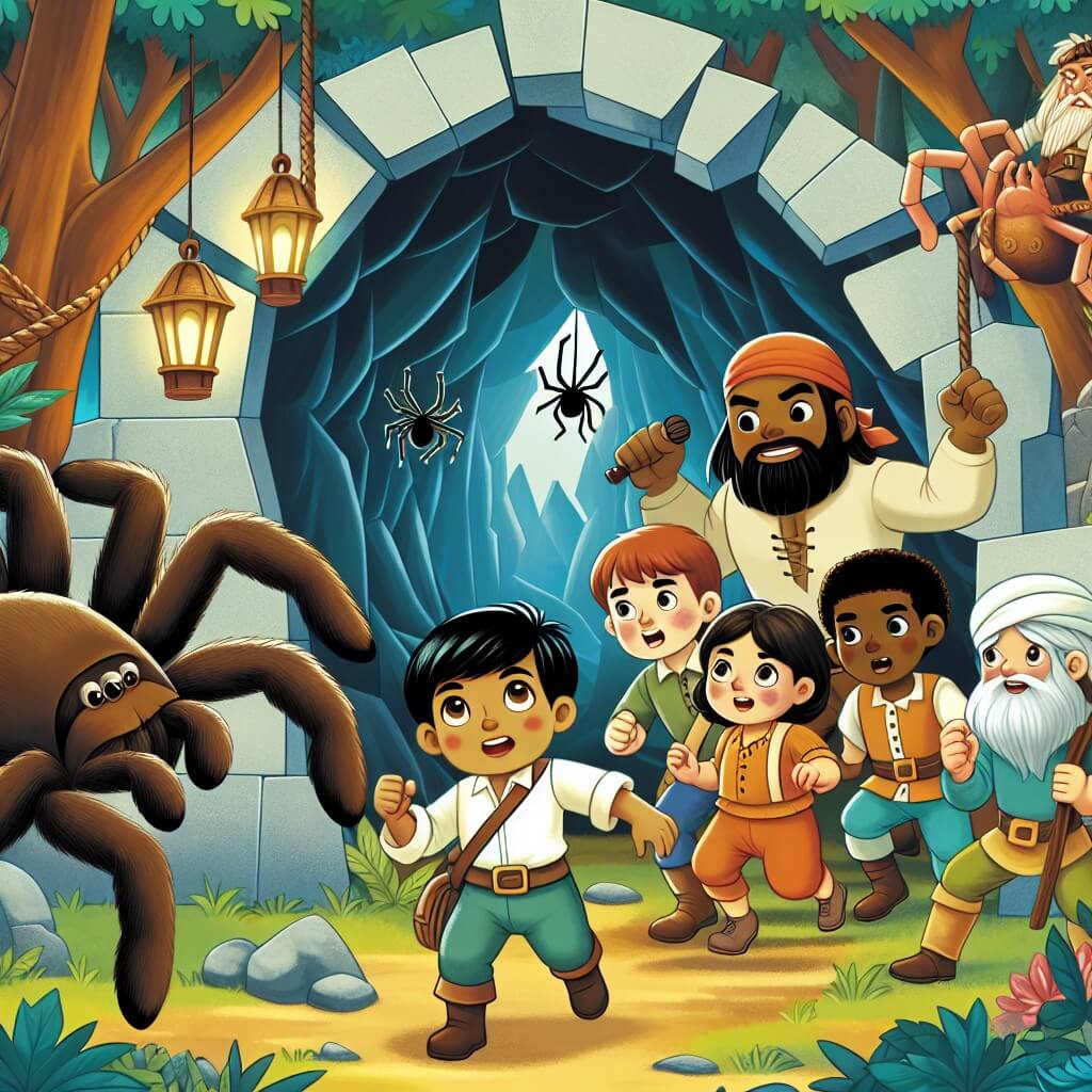 Une illustration destinée aux enfants représentant un petit garçon intrépide, accompagné de ses amis, découvrant une grotte mystérieuse au cœur d'une forêt enchantée, où ils devront affronter des énigmes et des dangers pour sauver un compagnon capturé par des araignées géantes.