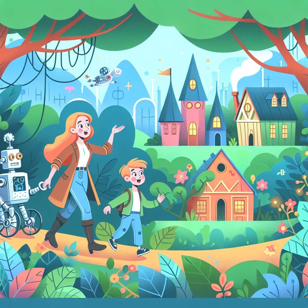 Une illustration destinée aux enfants représentant une femme passionnée d'inventions, accompagnée d'un drôle de robot, explorant un village coloré au milieu d'un luxuriant et mystérieux bosquet.