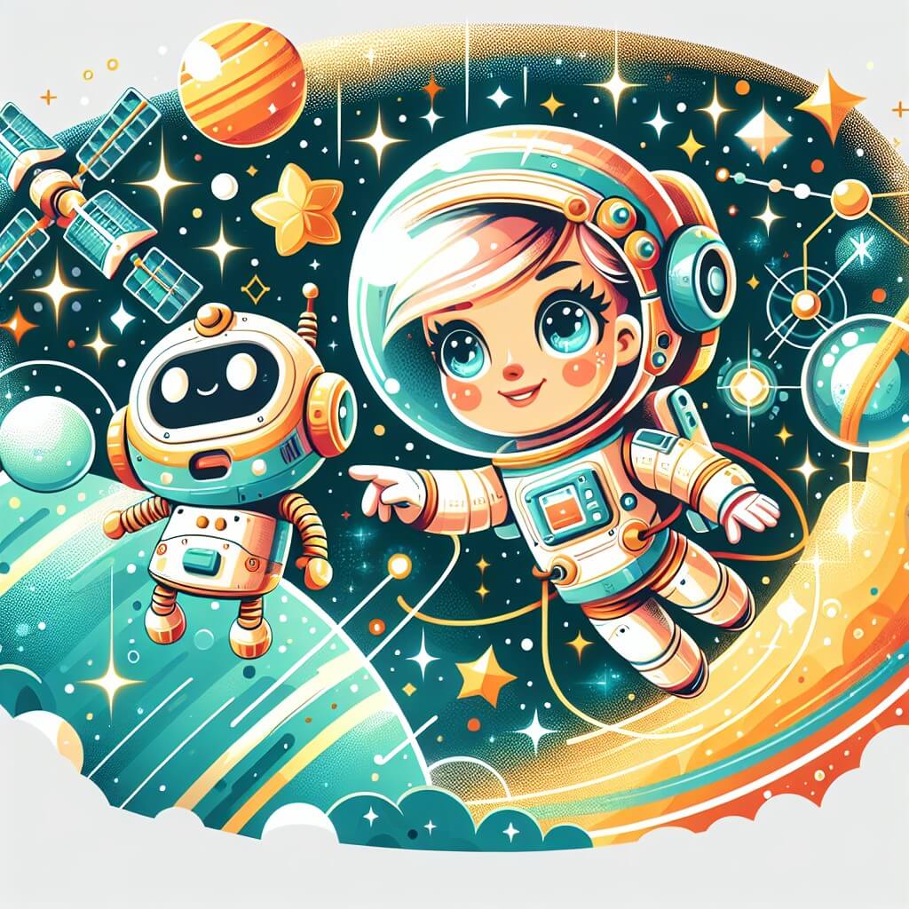 Une illustration destinée aux enfants représentant une astronaute intrépide, flottant dans l'espace, accompagnée d'un adorable robot, explorant une station spatiale scintillante entourée d'étoiles étincelantes.