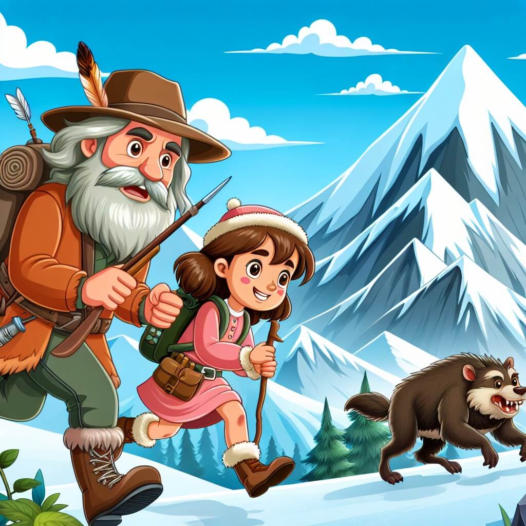 Une illustration destinée aux enfants représentant une jeune femme intrépide, accompagnée d'un sage autochtone, explorant la majestueuse montagne enneigée du Monte Mistico, tandis que des cacciatori sans scrupules les suivent de près, dans une aventure pleine de défis et de découvertes.