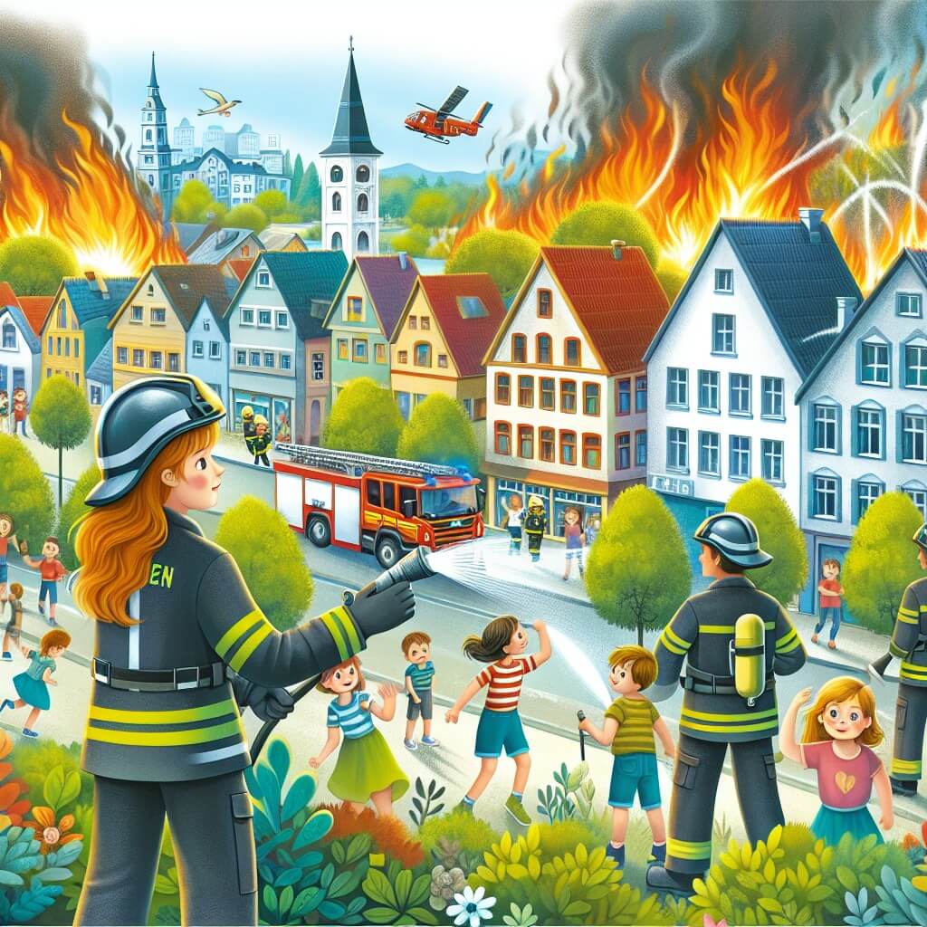 Une illustration destinée aux enfants représentant une femme pompière courageuse et déterminée, accompagnée de ses collègues, luttant contre un incendie spectaculaire dans une ville animée remplie de maisons colorées, d'arbres verdoyants et de joyeux enfants jouant dans les rues.
