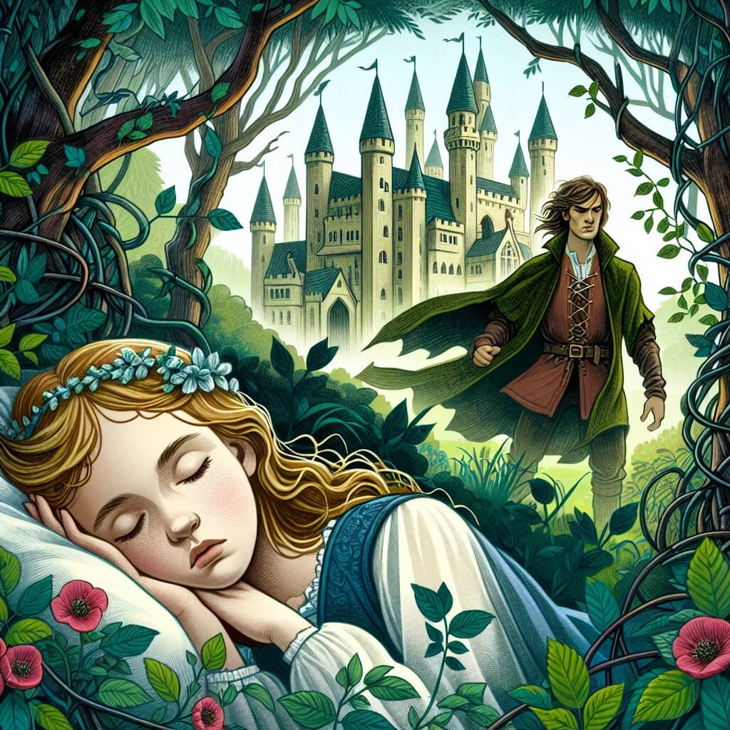 Une illustration destinée aux enfants représentant une jeune fille endormie dans une forêt enchantée, accompagnée d'un mystérieux jeune homme, dans un château enveloppé de ronces épaisses.