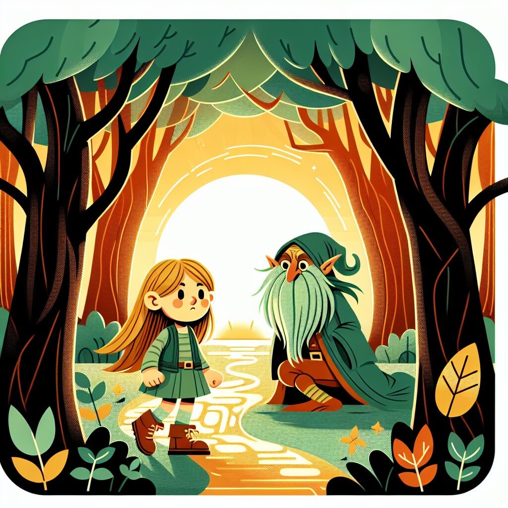 Une illustration destinée aux enfants représentant une jeune fille intrépide, se tenant devant un mystérieux sentier dans un bosquet enchanté, accompagnée d'un petit follet vert avec une longue barbe, dans un lieu où les arbres semblent danser sous la lumière dorée du soleil couchant.