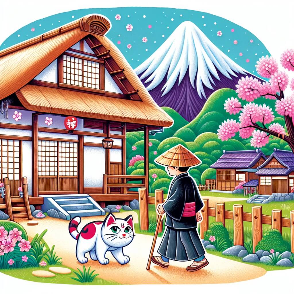Une illustration destinée aux enfants représentant un homme solitaire, marchant dans un village traditionnel au Japon, avec des maisons en bois aux toits de chaume, des cerisiers en fleurs et une montagne majestueuse en arrière-plan, tandis qu'un mystérieux chat bakeneko se faufile à ses côtés.