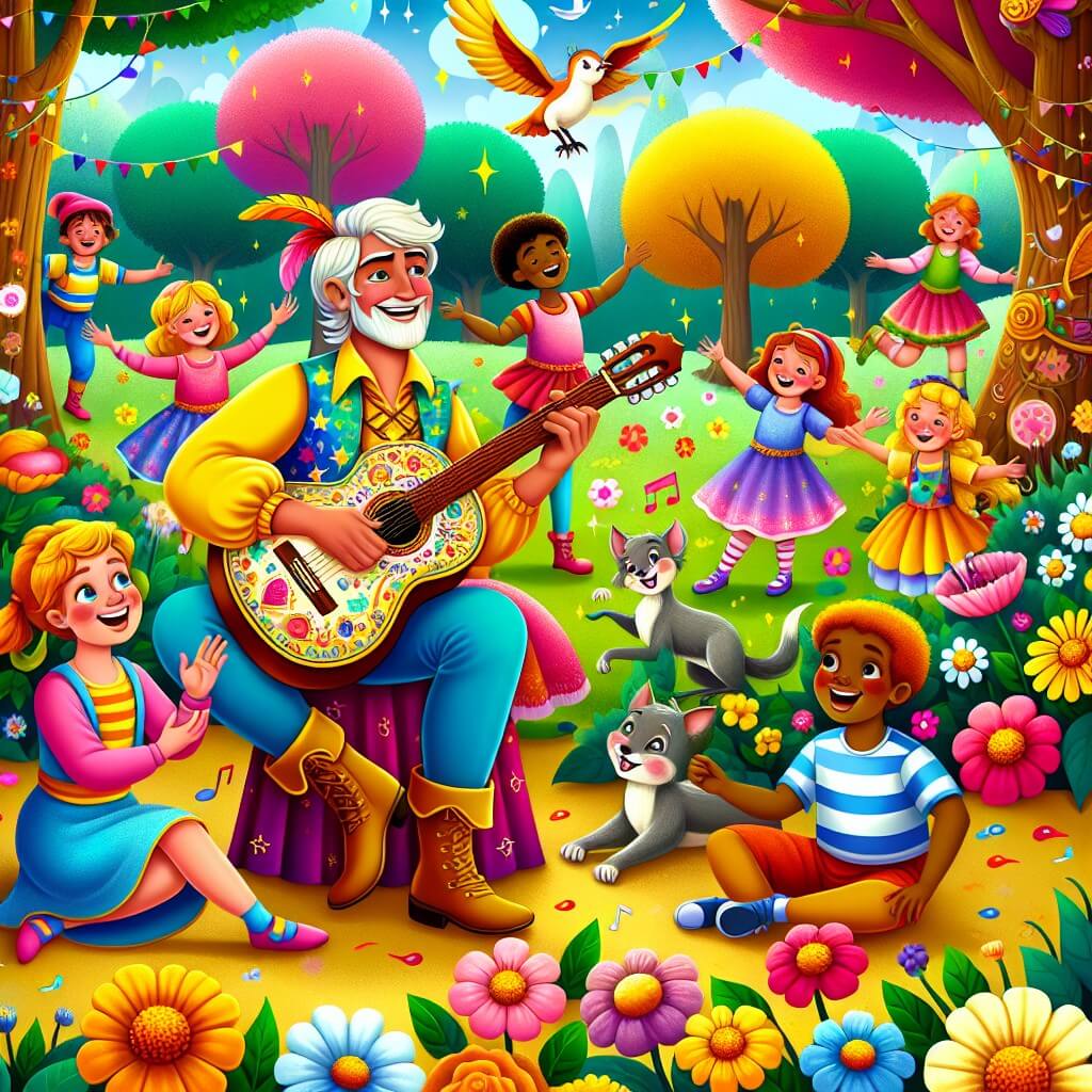 Une illustration destinée aux enfants représentant un homme joyeux, habillé de couleurs vives, jouant de la guitare magique, entouré d'enfants souriants, dans un parc enchanté rempli de fleurs colorées, d'arbres majestueux et d'animaux musiciens.