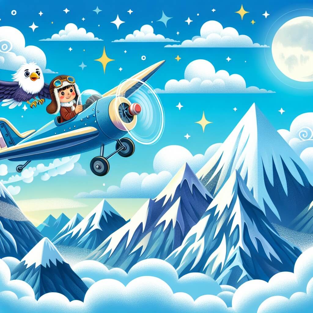Une illustration destinée aux enfants représentant un pilote d'avion intrépide, survolant des montagnes enneigées aux sommets étincelants, accompagné d'un oiseau majestueux, dans le ciel azuré parsemé de nuages cotonneux, créant ainsi une scène magique et pleine d'aventure.