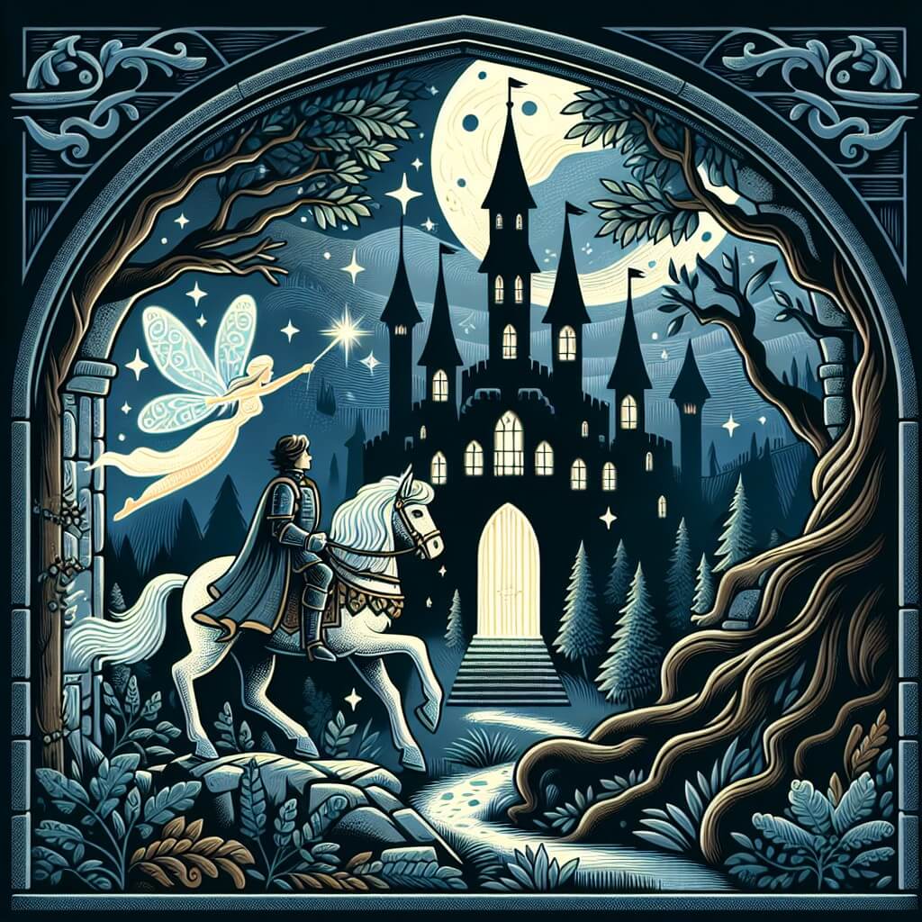 Une illustration destinée aux enfants représentant un prince courageux, se trouvant dans un sombre et mystérieux château entouré d'épaisse brume, accompagné d'une fée lumineuse, dans une aventure épique pour sauver un royaume ensorcelé.