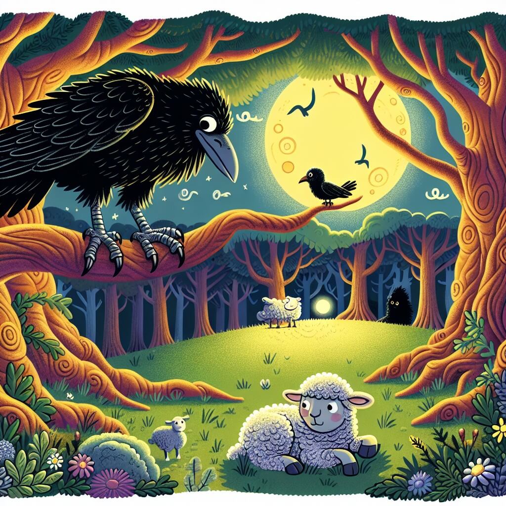 Une illustration destinée aux enfants représentant un corbeau malicieux, perché sur une branche d'un majestueux chêne, observant un petit agneau en détresse, tandis que le soleil éclaire une forêt enchantée pleine de mystère et de vie.