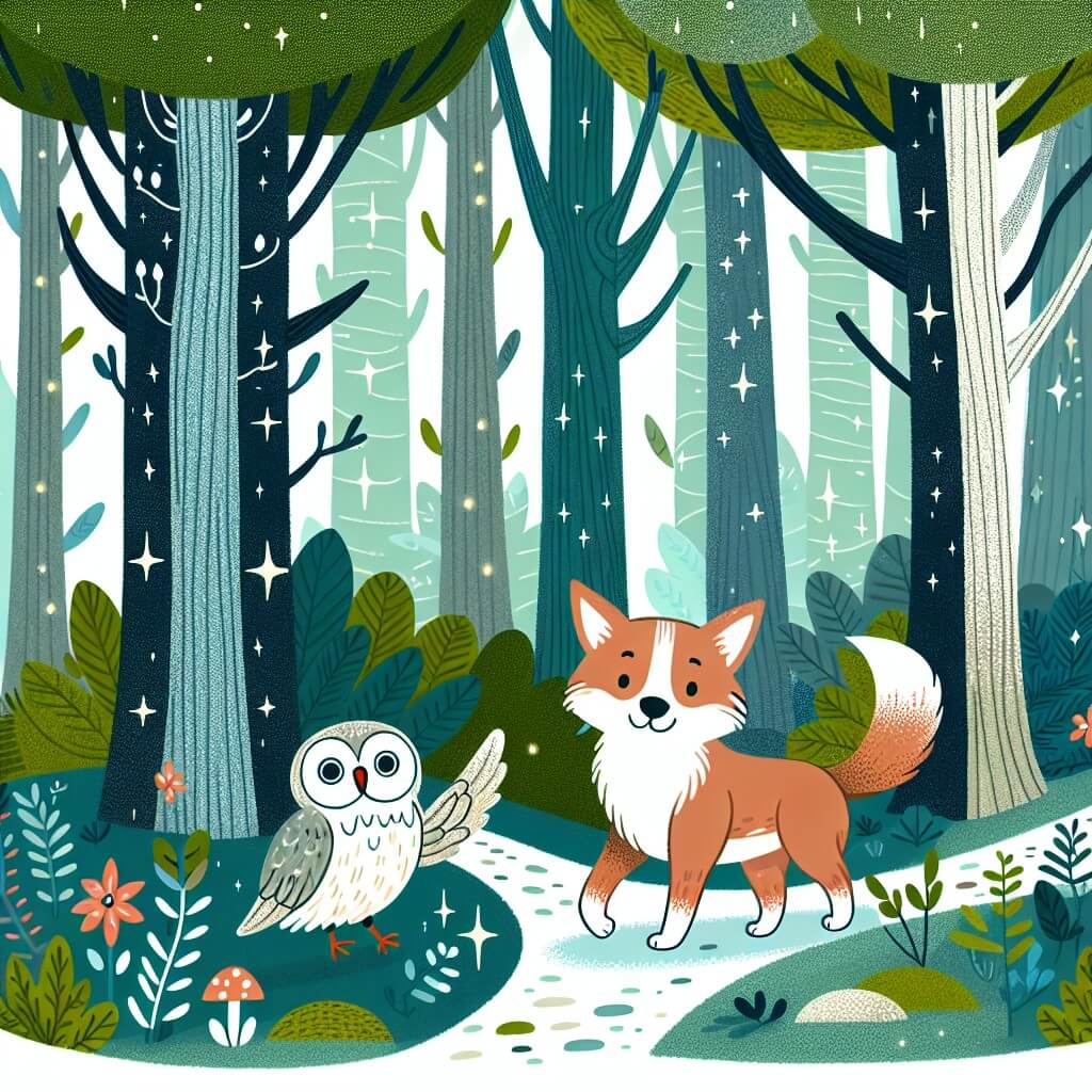 Une illustration destinée aux enfants représentant un chien curieux et audacieux, se perdant dans une forêt enchantée, accompagné d'un sage hibou, au milieu d'arbres majestueux aux feuilles scintillantes et d'un parfum de fleurs et de mousse.