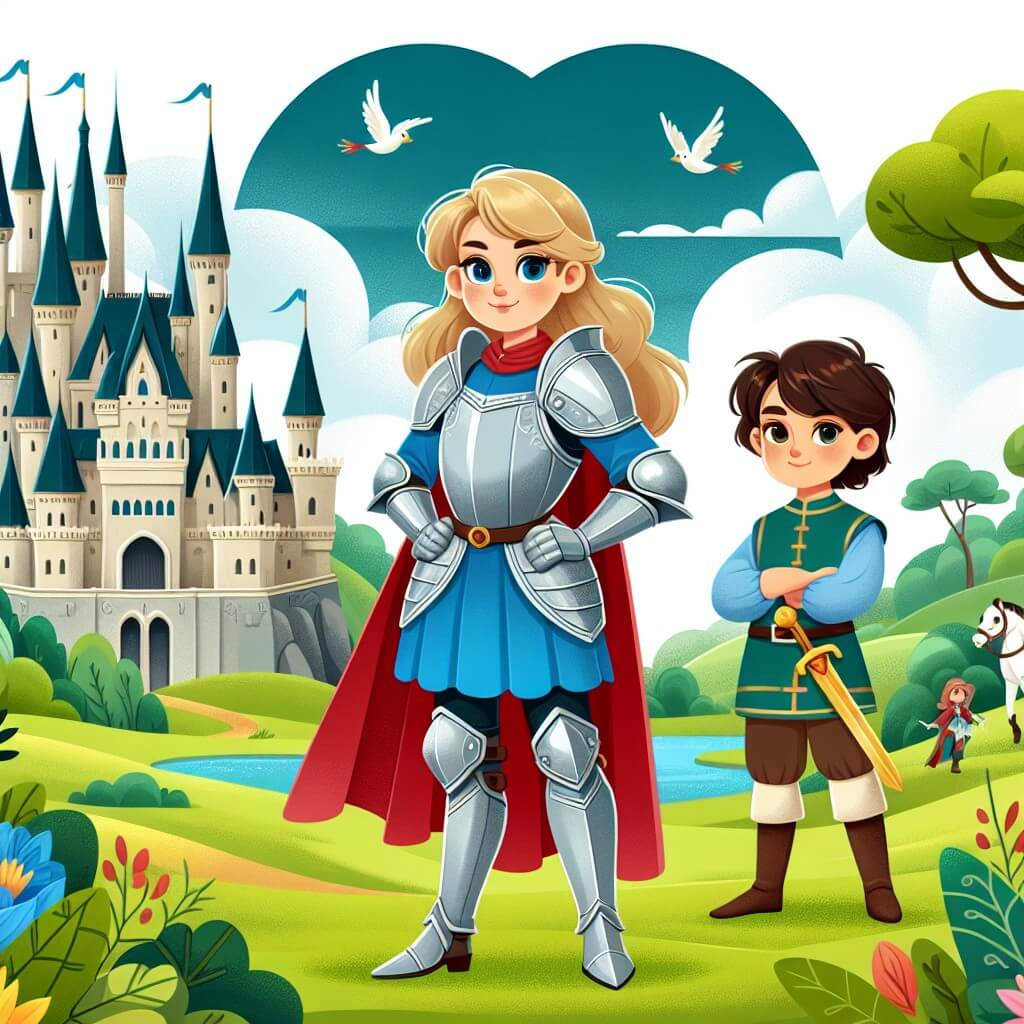 Une illustration destinée aux enfants représentant une chevalière courageuse, se tenant fièrement devant un imposant château, accompagnée d'un jeune écuyer, dans un royaume enchanté entouré de prairies verdoyantes et de majestueux bosquets.
