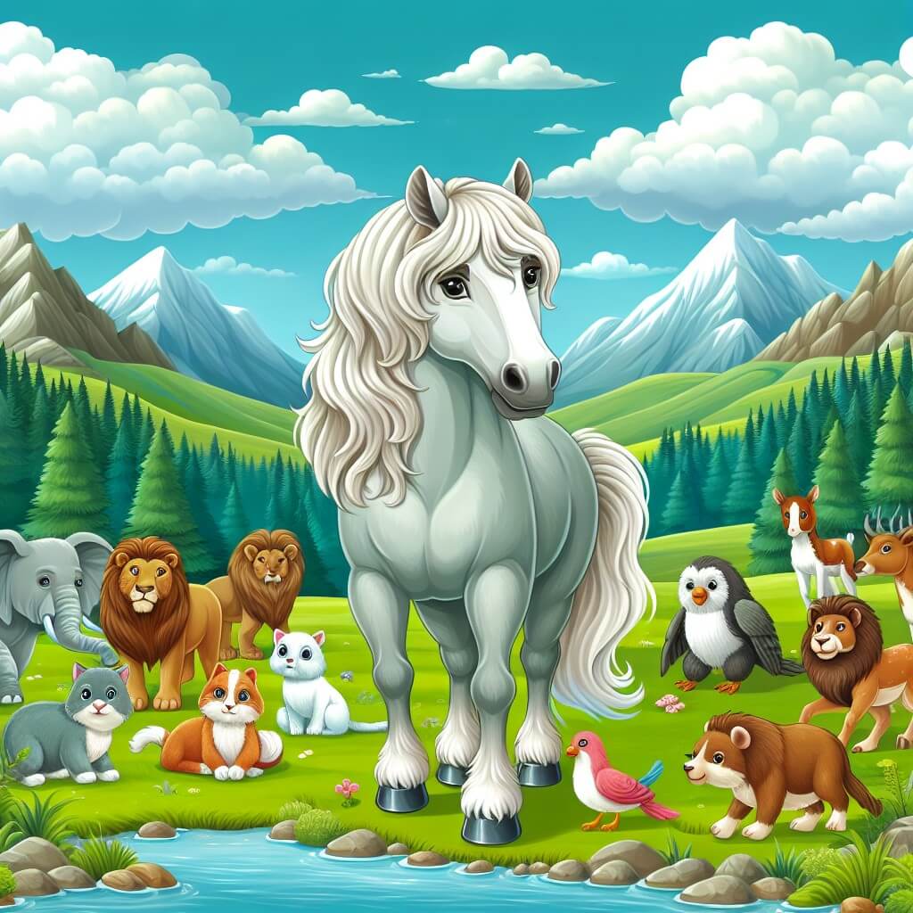 Une illustration destinée aux enfants représentant un noble destrier au pelage soyeux, entouré de ses compagnons animaux, dans un vaste pré verdoyant bordé de montagnes majestueuses et d'un ruisseau cristallin.