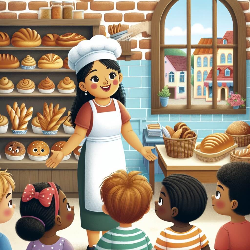 Une illustration destinée aux enfants représentant un boulanger souriant, entouré d'enfants curieux, dans une charmante boulangerie aux murs en briques, avec des étagères remplies de pains et de pâtisseries colorées, située dans une petite ville pittoresque.