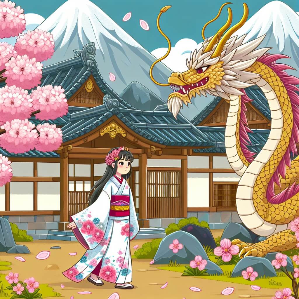 Une illustration destinée aux enfants représentant une femme courageuse et douce, se tenant près d'un majestueux dragon aux écailles dorées, dans un village japonais entouré de fleurs de cerisier en pleine floraison.